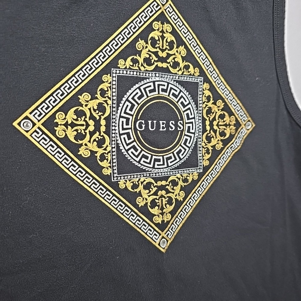Guess Womens Tank Top‎ Gold Silver Logo Black Size L Large Rhinestone Summer - Picture 4 of 8